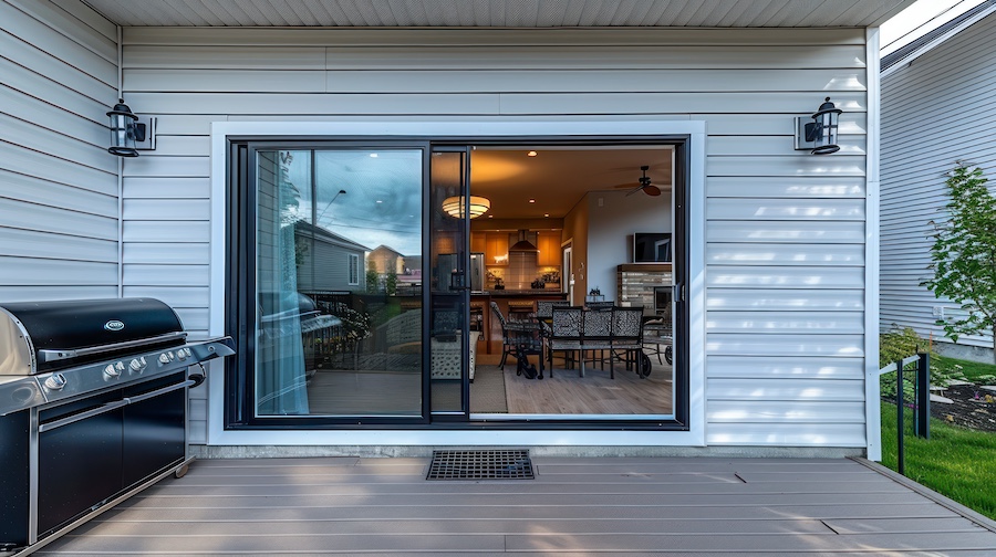 The Sleek Exterior Of A House With A Sliding Glass Door And Vinyl Sidings, Complemented By A Gas Griller And Wall Lamp